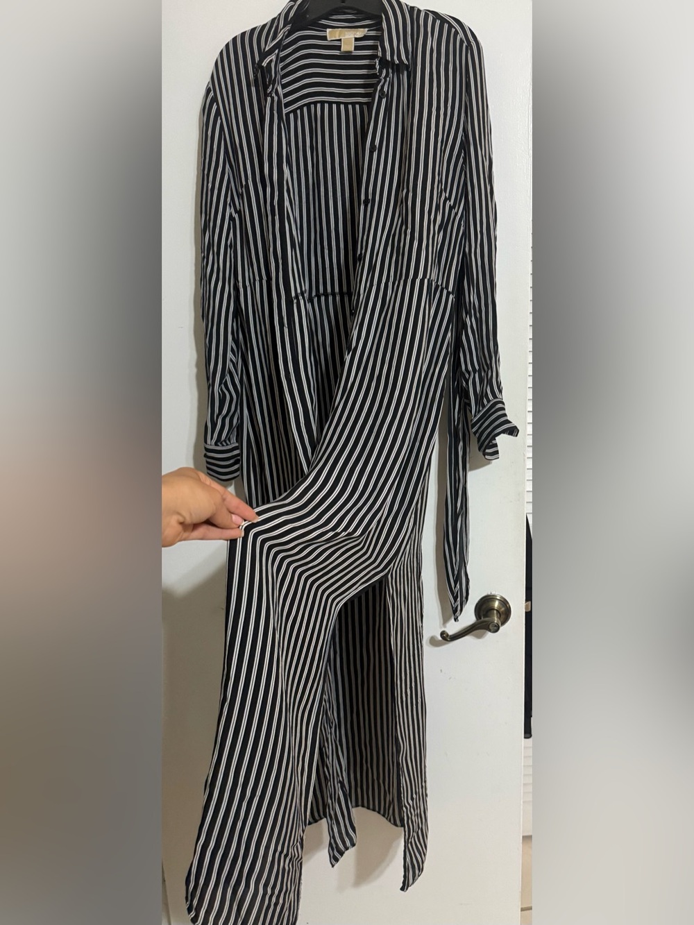 Michael Kors Black and White Vertical Stripe Long Sleeve Tie-Front Dress - Picture 2 of 8